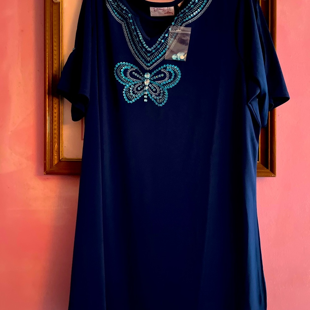 Quaker factory size small blue tunic sequin butterfly shirt. - Picture 4 of 6